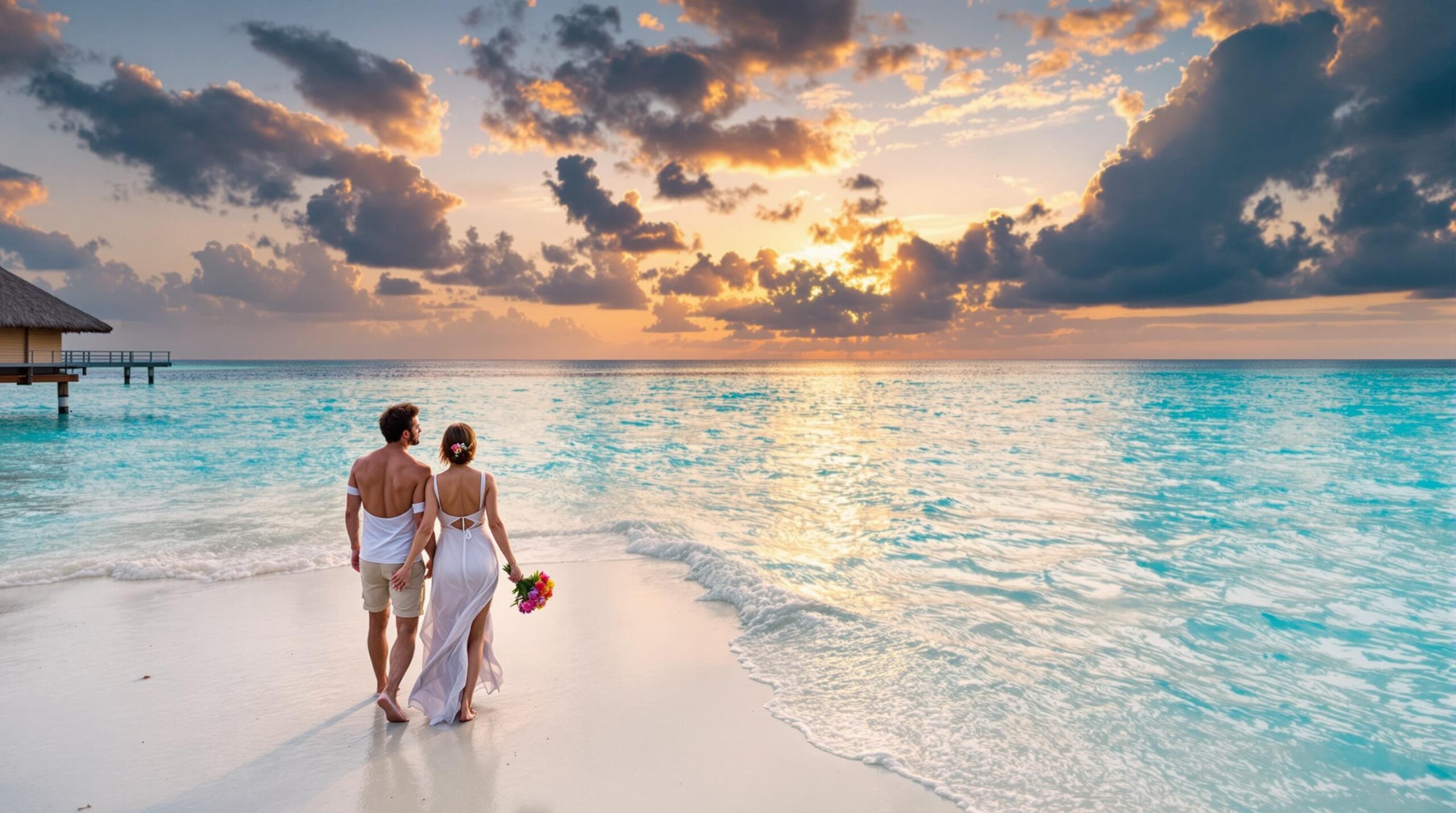 voyage de noces : couple profitant d'un coucher de soleil sur une plage paradisiaque