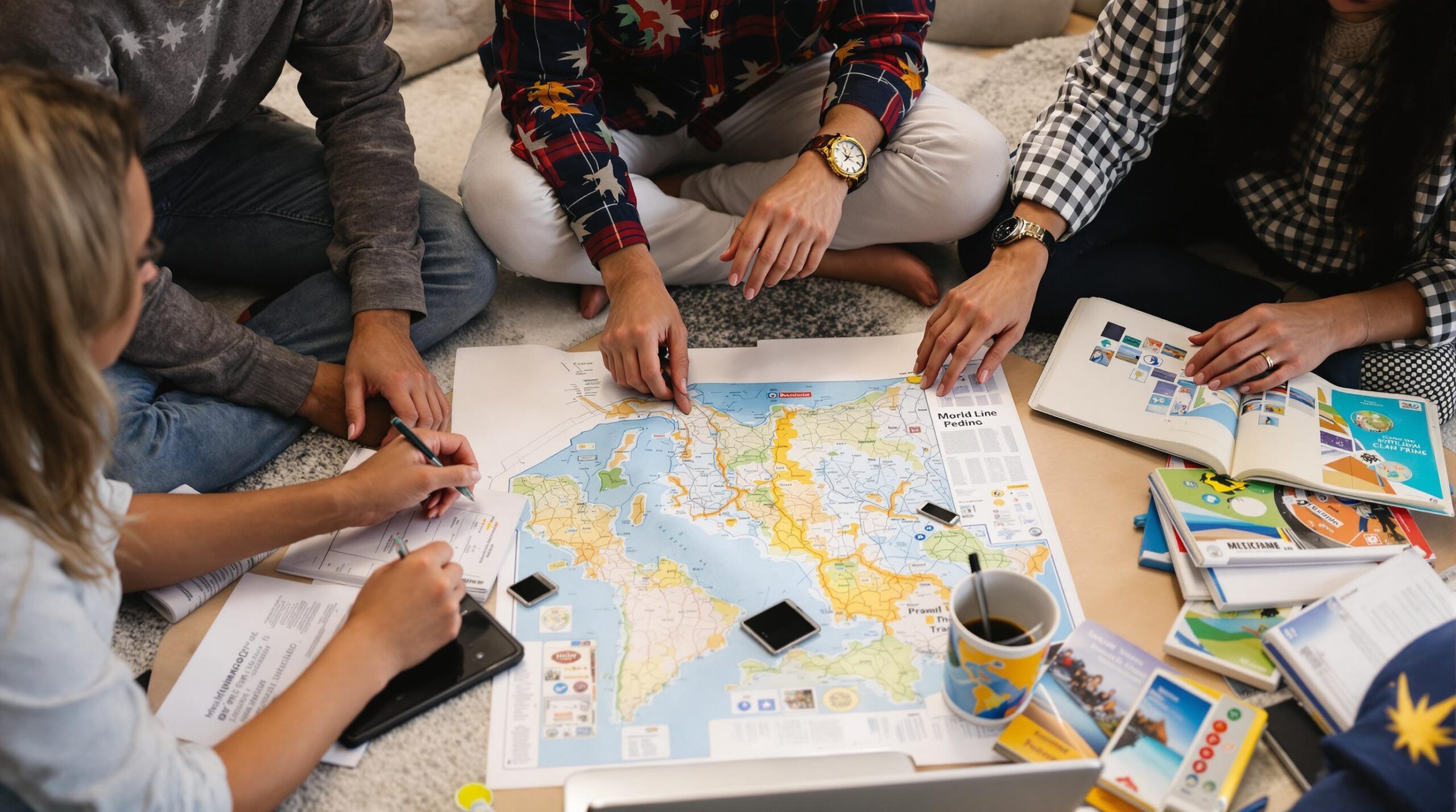 voyage de groupe : groupe de personnes préparant un voyage ensemble avec cartes et ordinateurs