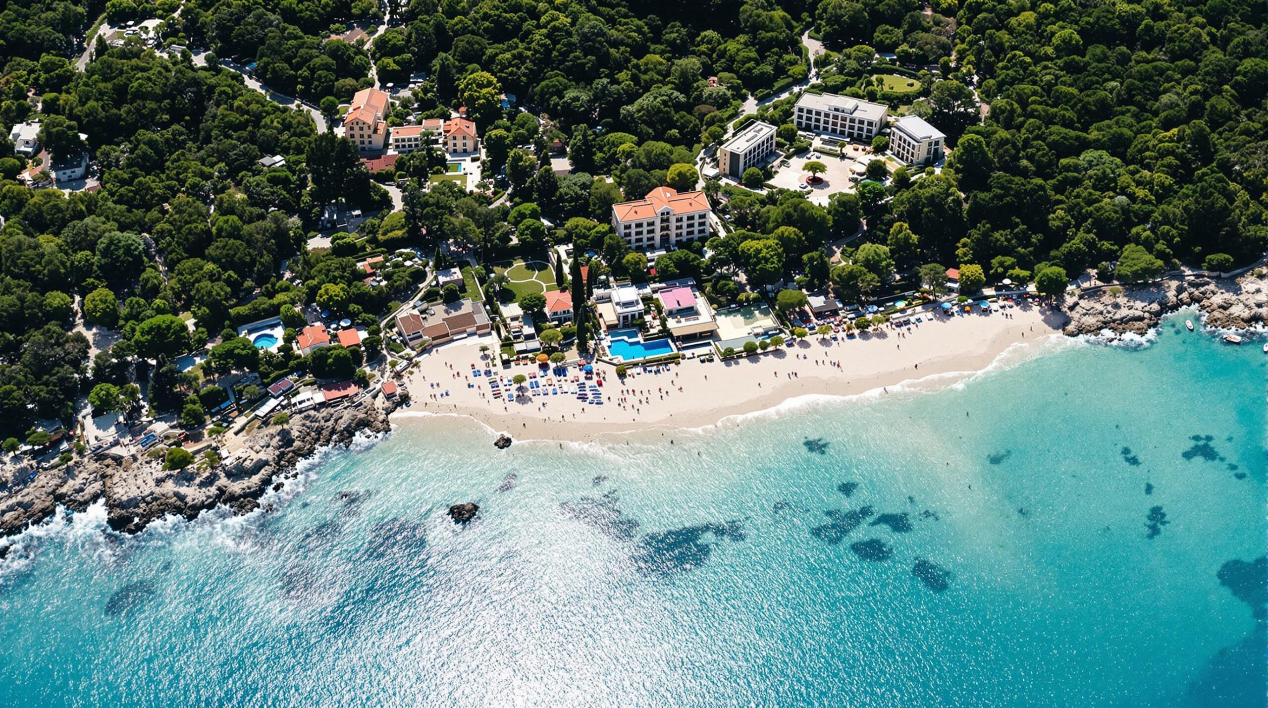 hébergement en Corse : vue panoramique d'une plage corse avec hébergements typiques
