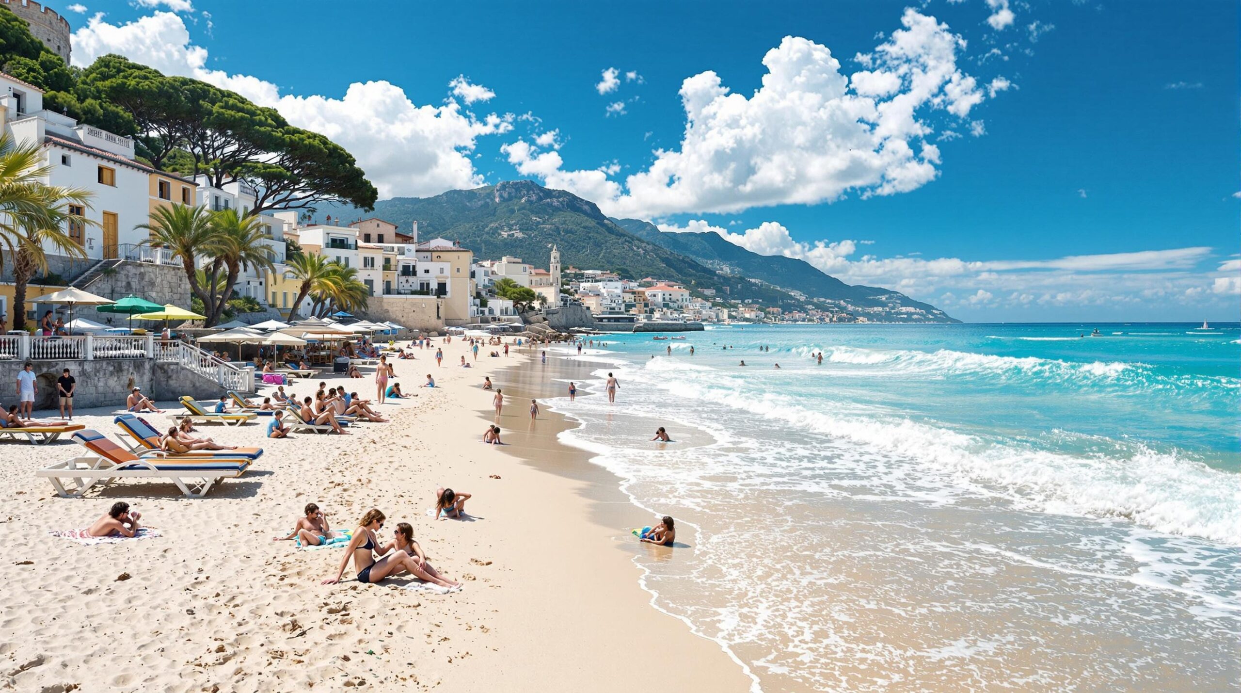 vacances sud de la France : vue panoramique d'une plage ensoleillée avec montagnes en arrière-plan