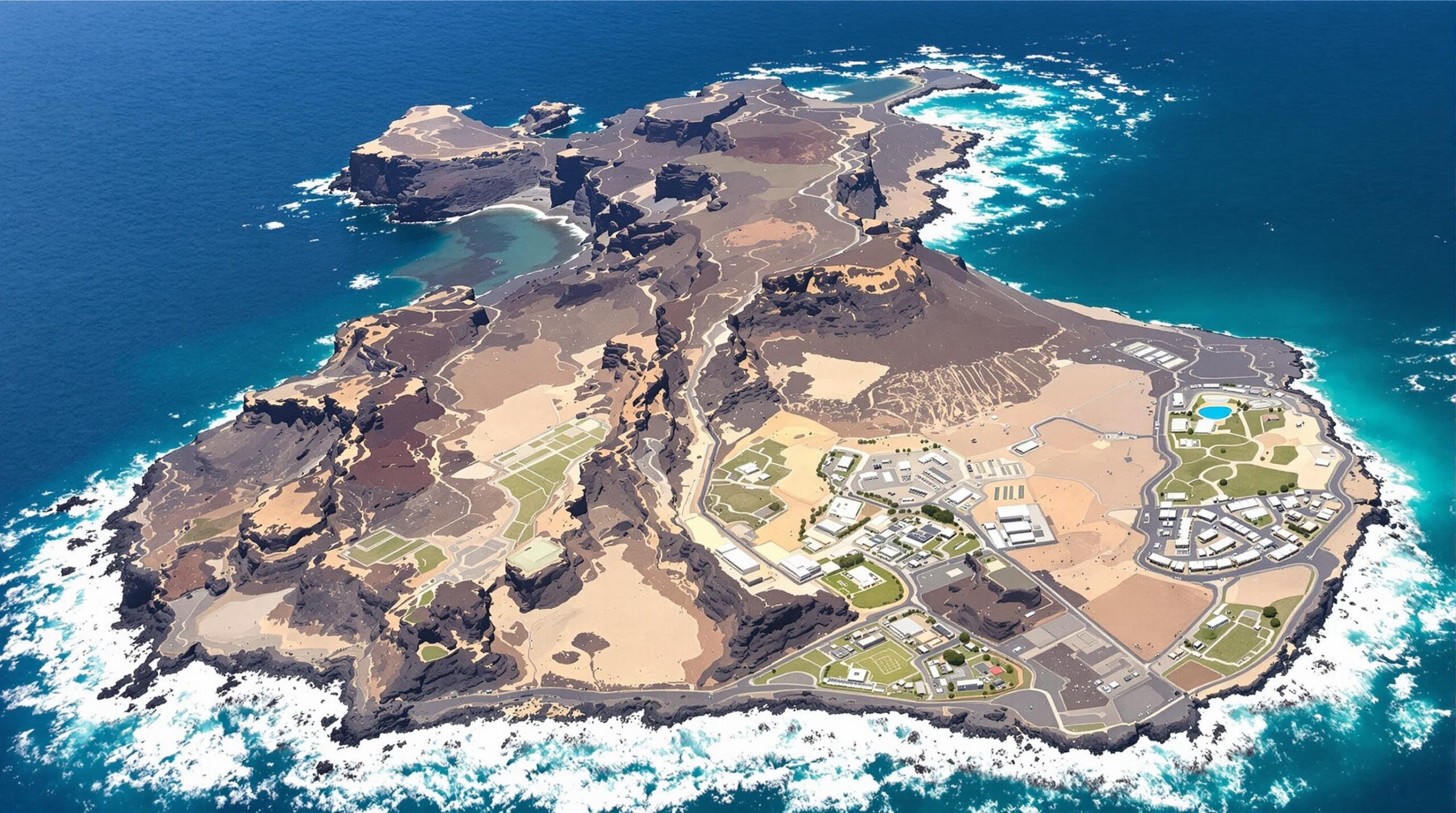 logement à Lanzarote : vue panoramique sur une villa proche de la plage avec paysage volcanique en arrière-plan
