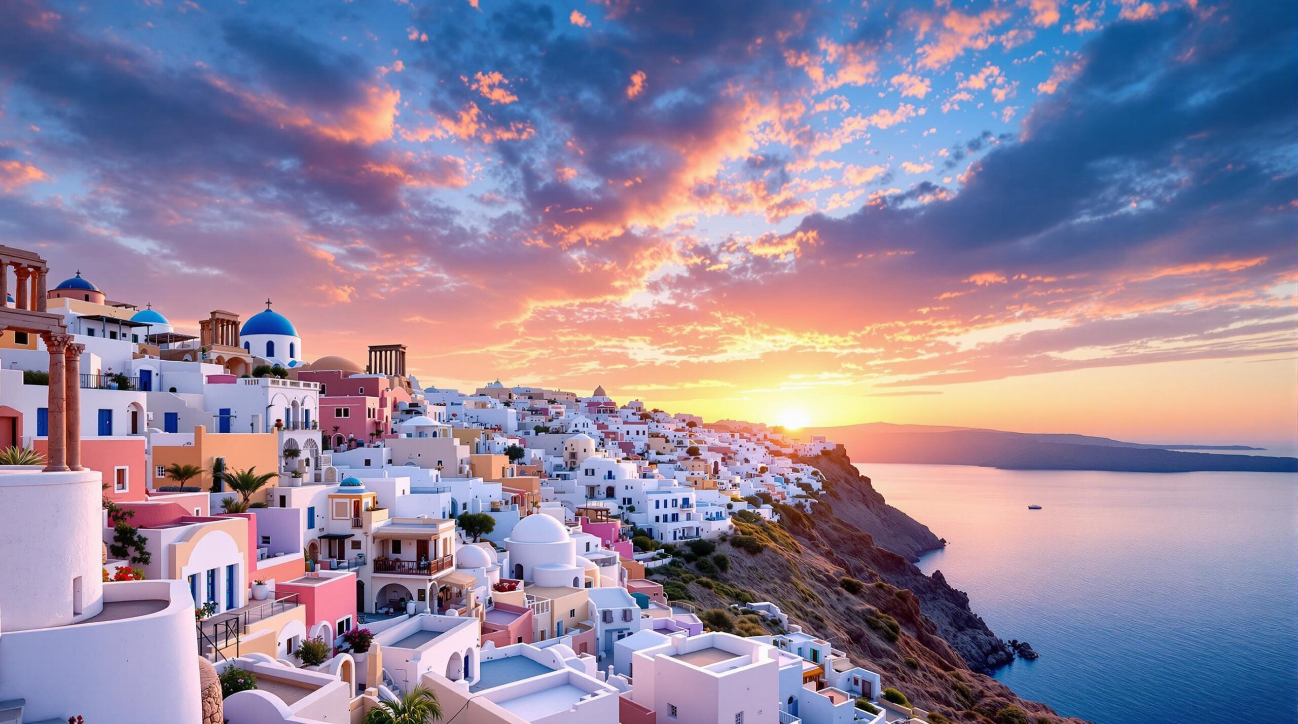 Grèce : paysage emblématique de la Grèce avec mer, maisons blanches et ciel bleu