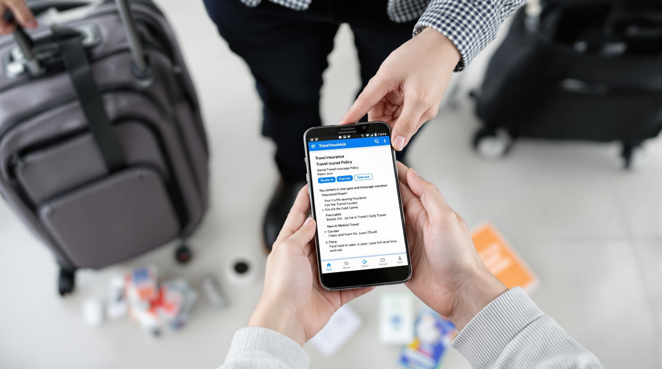 assurance voyage internationale : voyageurs heureux avec leurs valises devant un aéroport