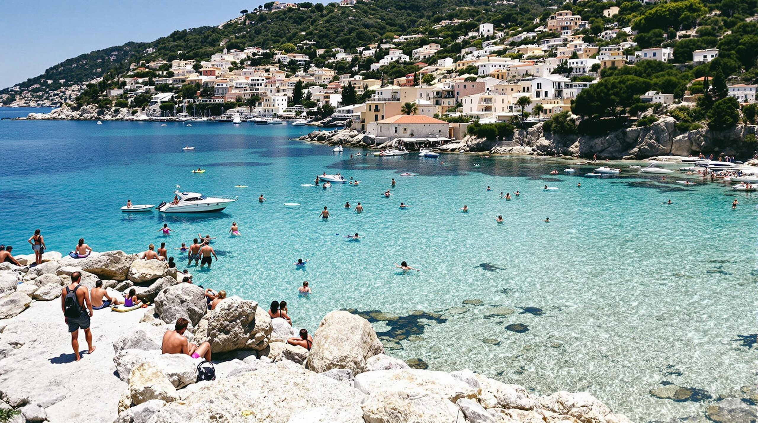 Côte d'Azur : plage ensoleillée avec eaux turquoise et village perché en arrière-plan