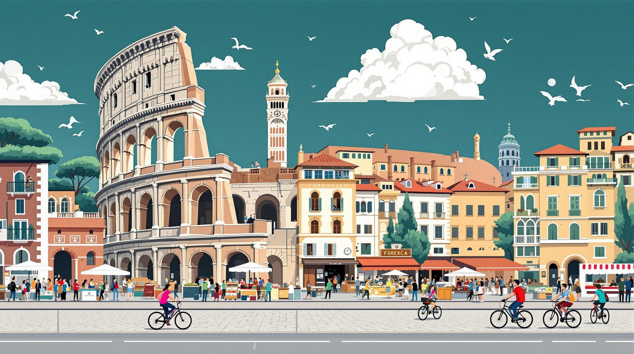 voyage en Italie pas cher : voiture devant un paysage italien typique avec collines et maisons anciennes