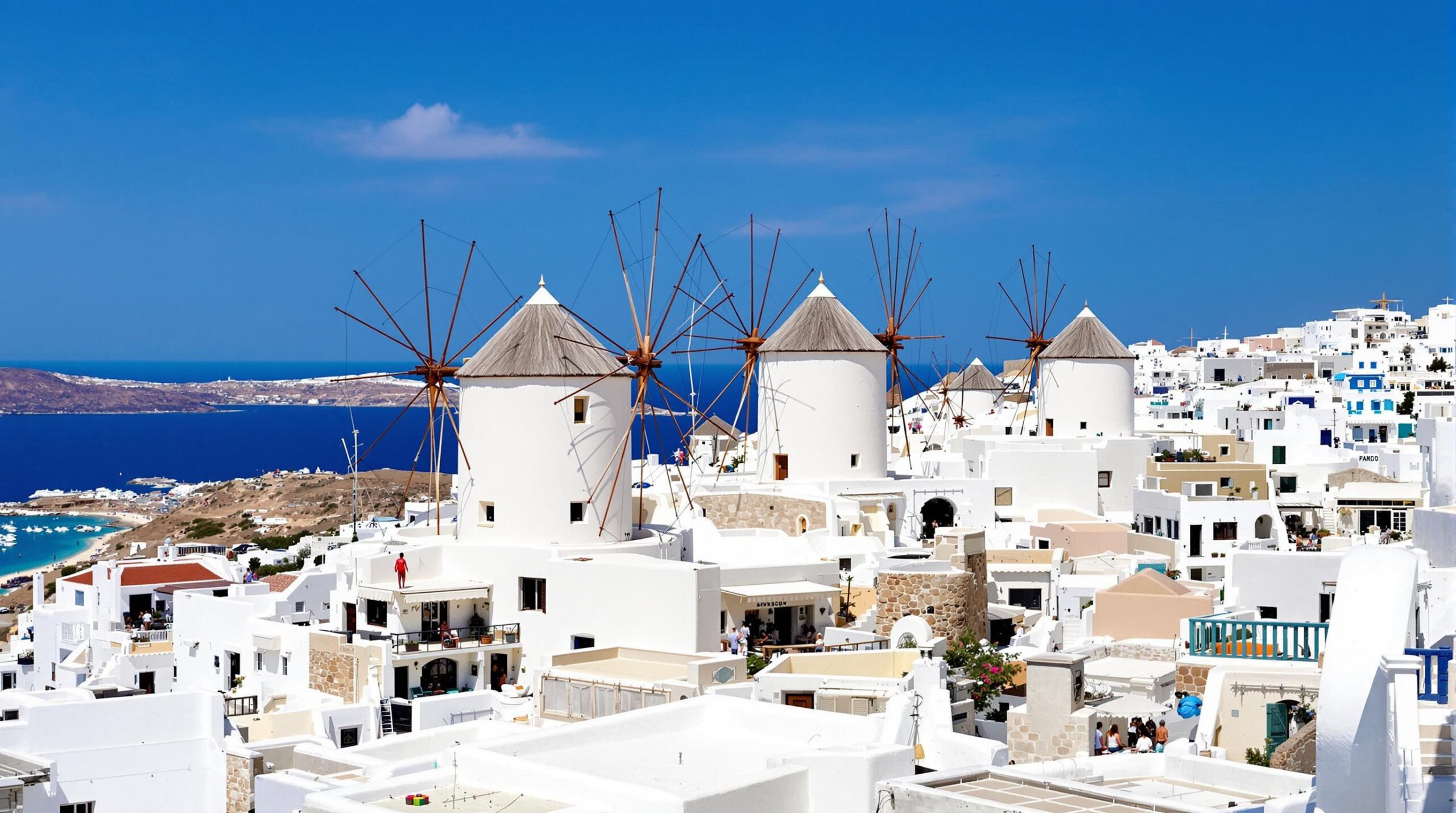 hébergement Mykonos : paysage nocturne avec moulins à vent emblématiques de Mykonos