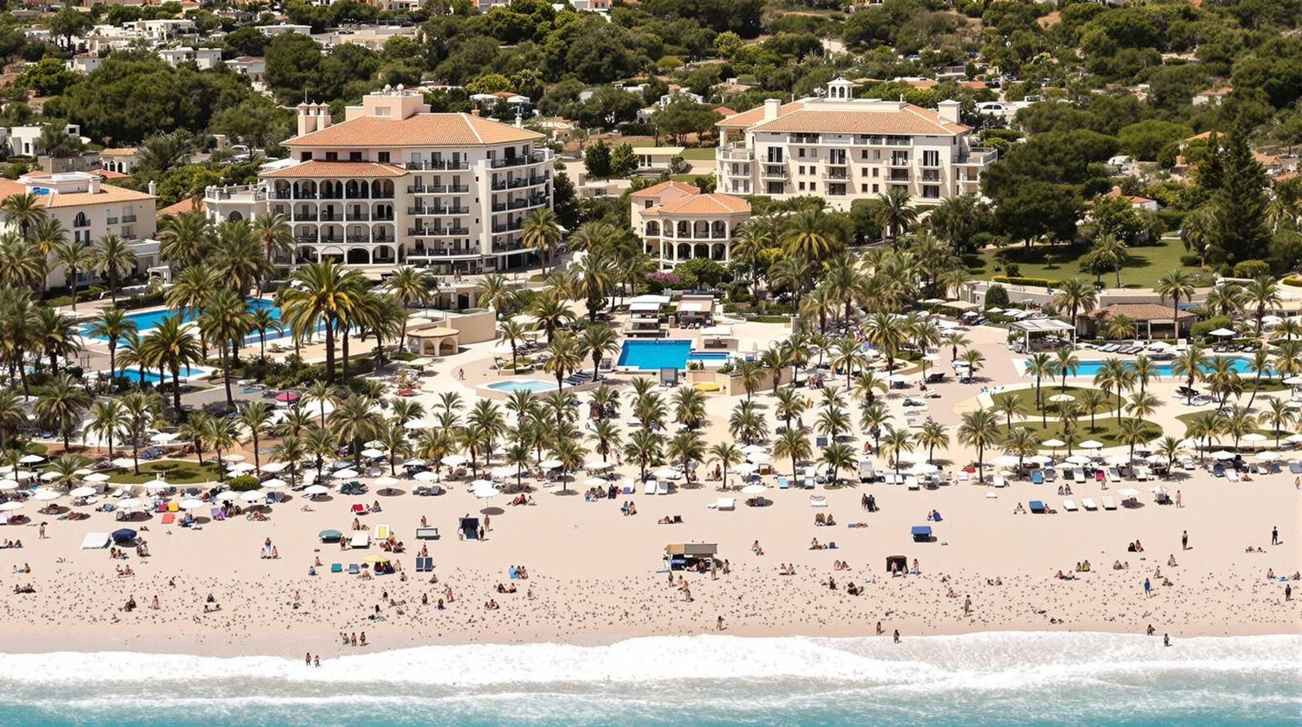logement à Majorque : vue panoramique d'une plage et d'hôtels de luxe à Majorque