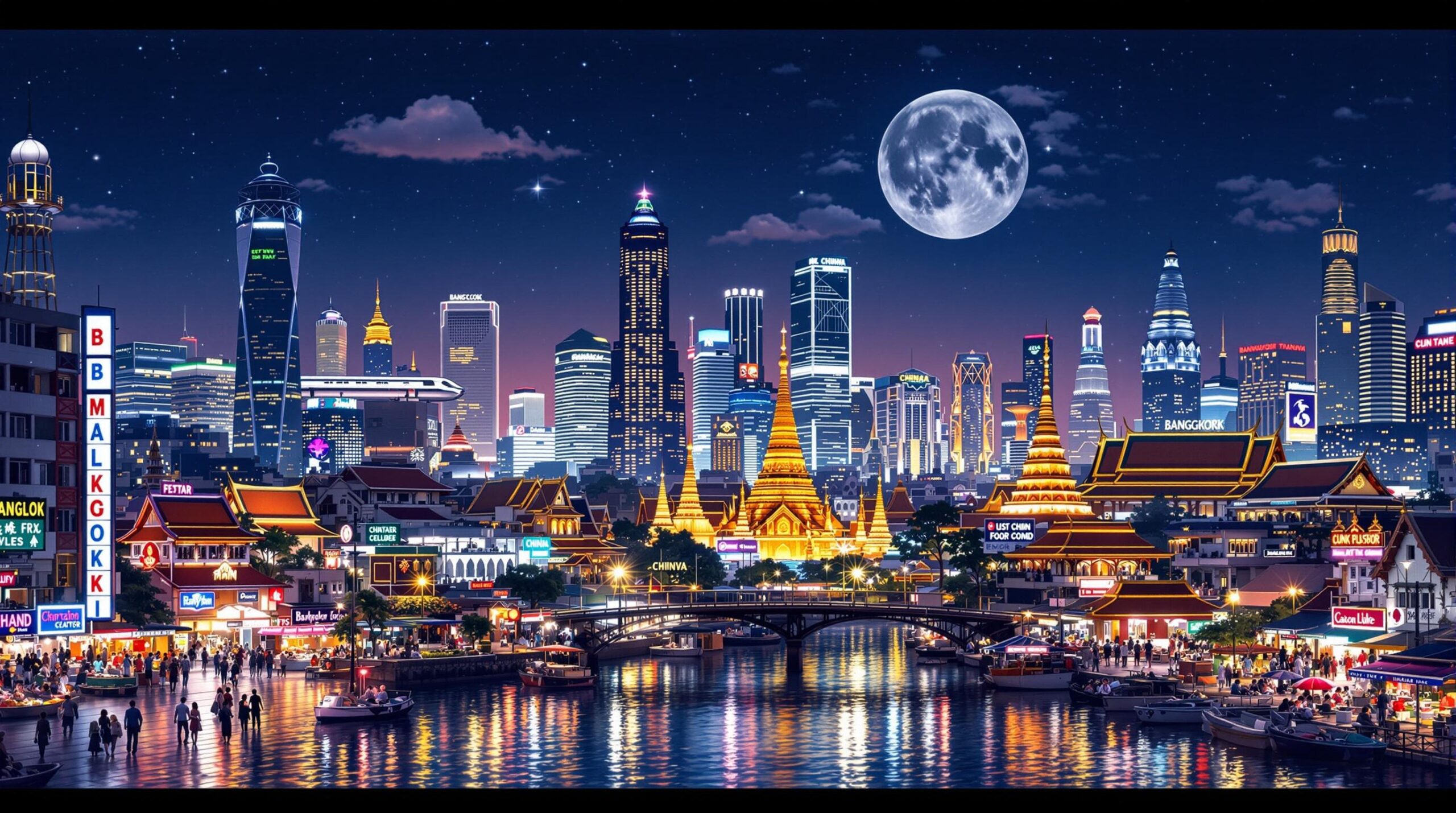 Bangkok : vue panoramique d'un quartier animé de Bangkok avec gratte-ciels et rues animées