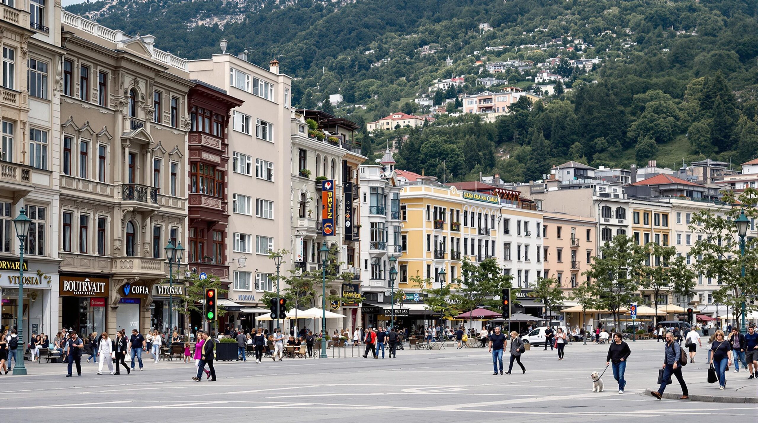 boulevard Vitosha : une image du boulevard piétonnier Vitosha à Sofia avec ses boutiques et cafés