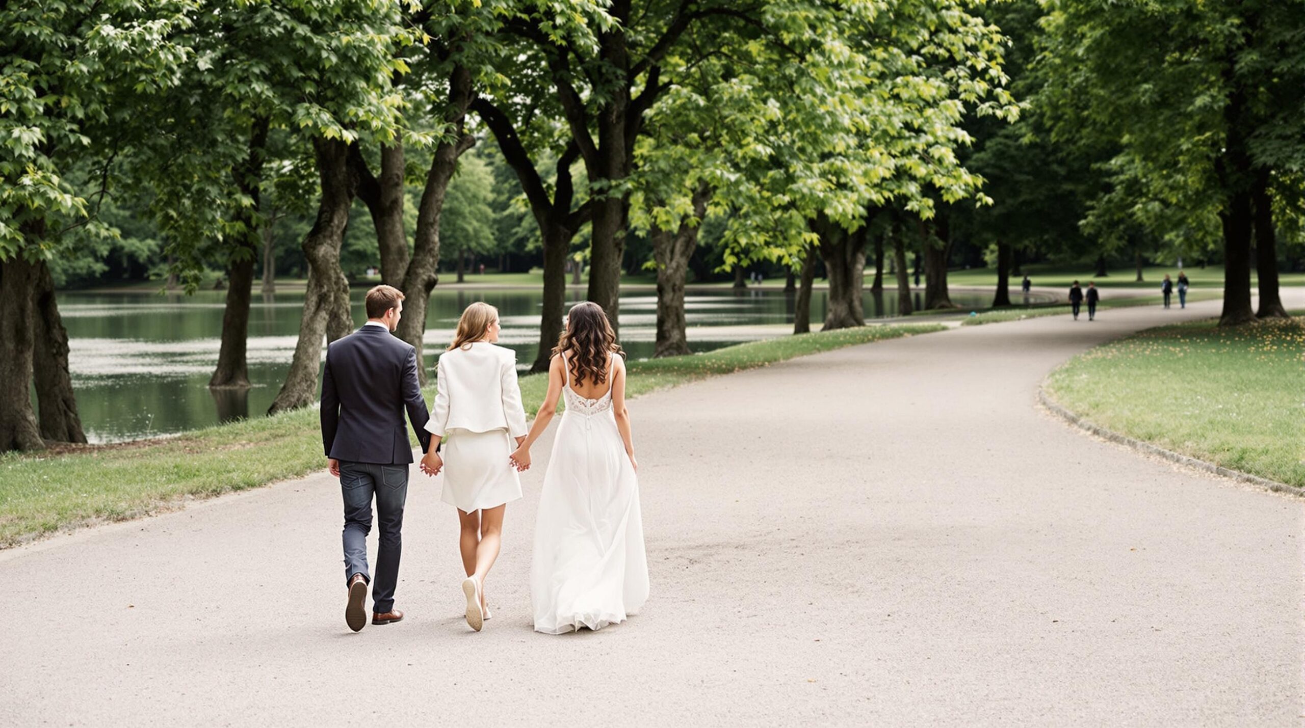 escapade romantique à Berlin : couple se promenant main dans la main dans un parc berlinois au coucher du soleil