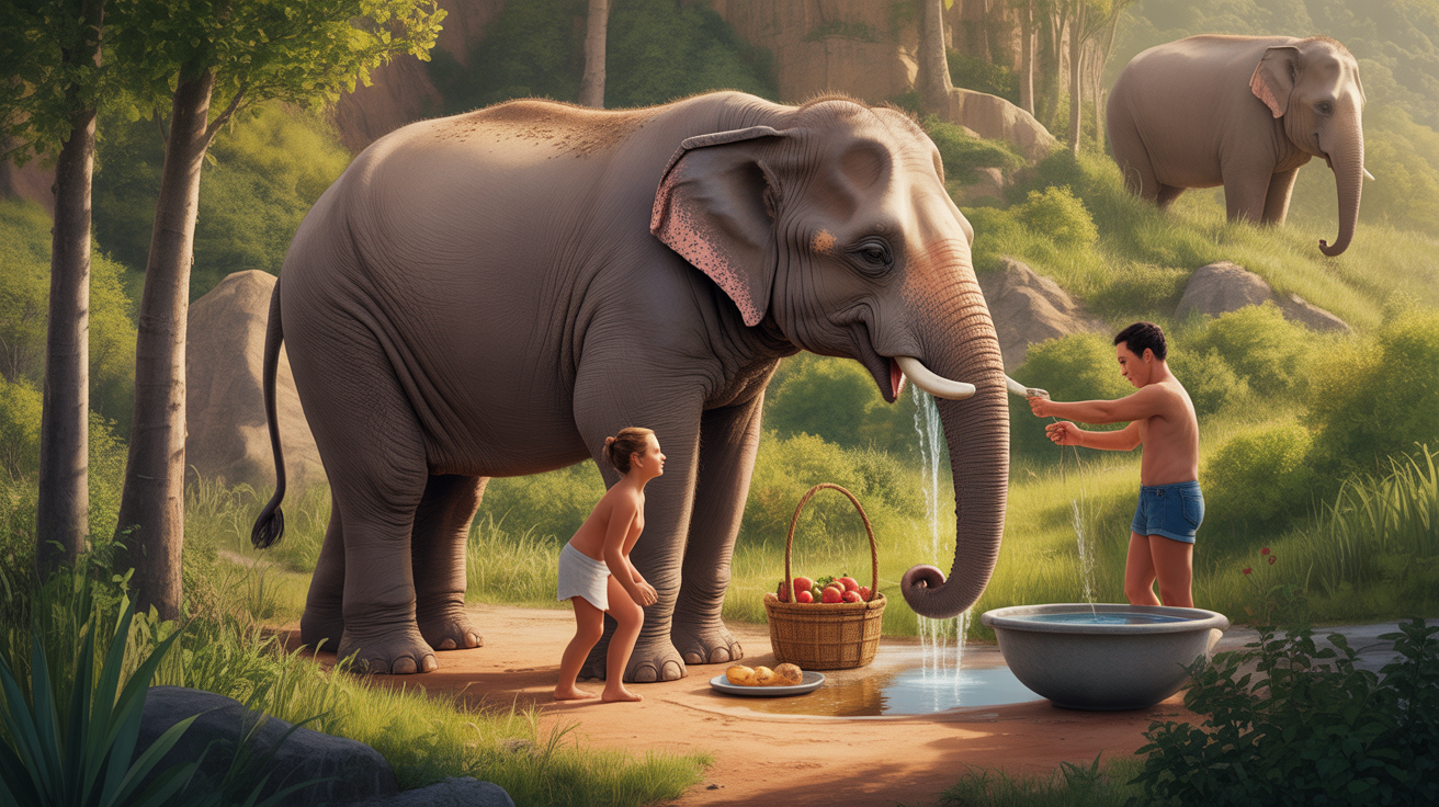 Illustration activites avec elephants a Bali nourrissage bain sentier
