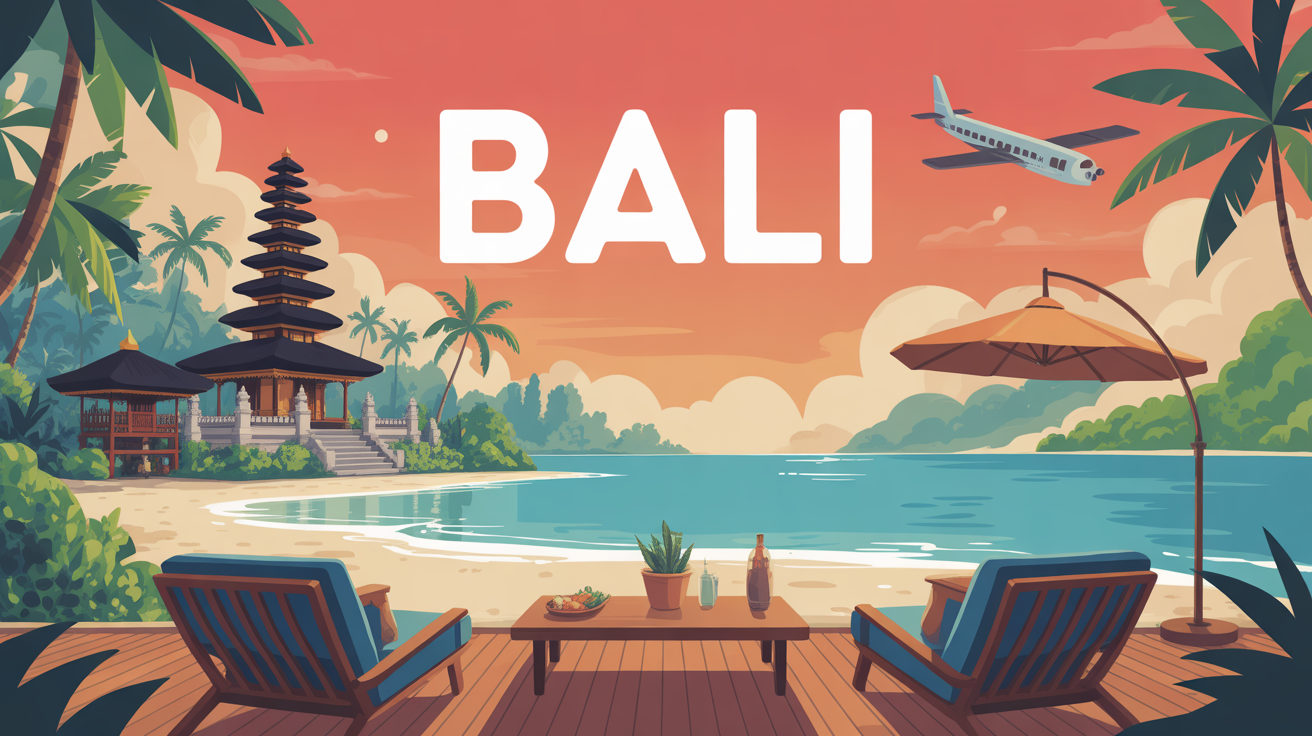 Illustration exotique Bali avion riziere temple plage