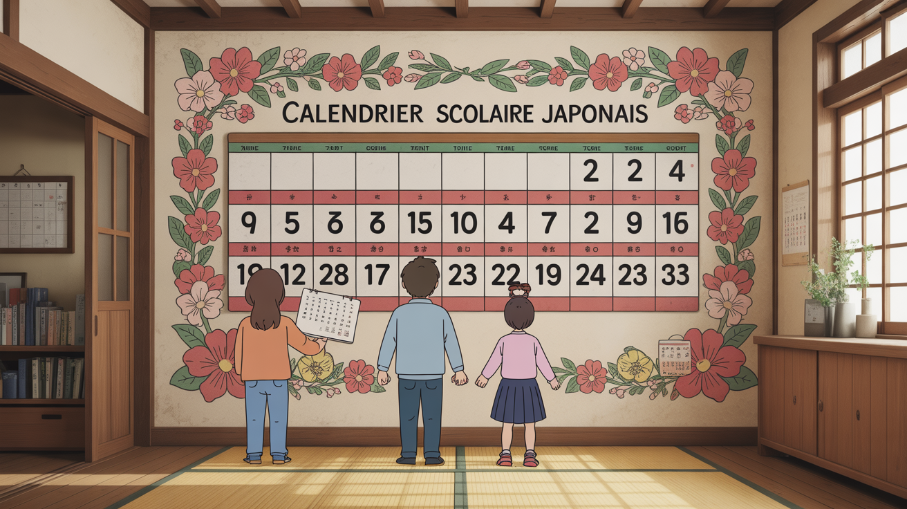 Calendrier scolaire japonais famille devant calendrier et cerisiers