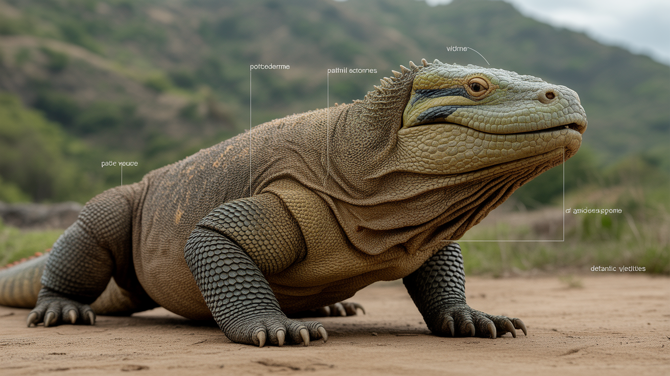 Gros plan dragon de Komodo peau ostéodermes, mâchoire crocs, pattes griffues