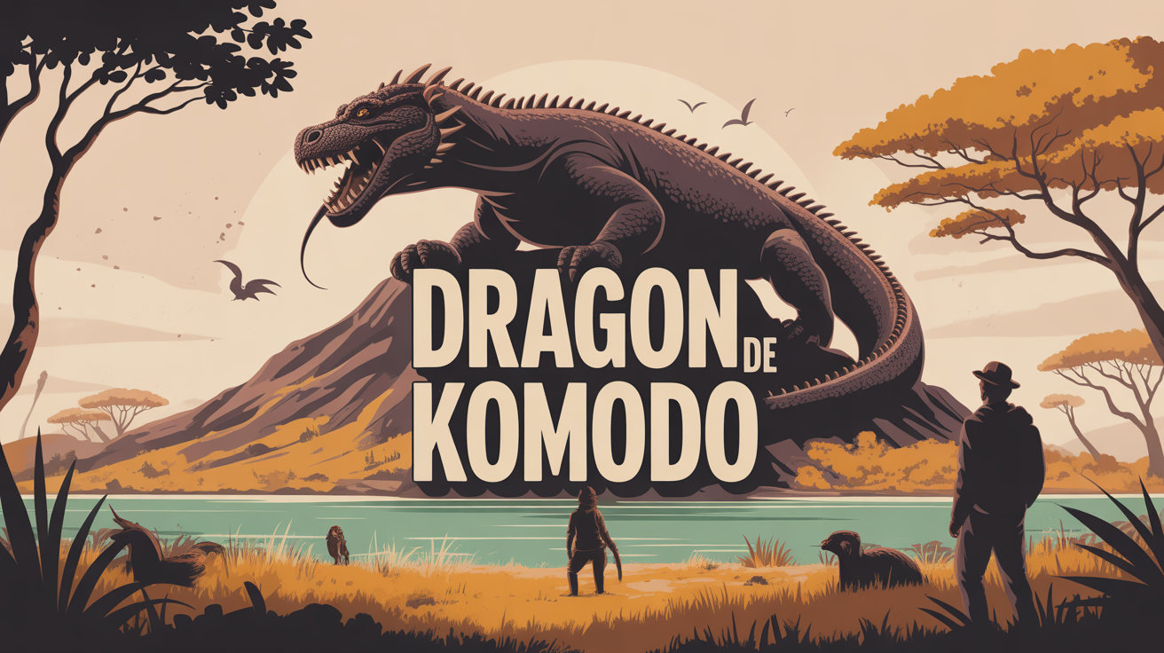 Illustration stylisée dragon de Komodo géant sur île volcanique, aventure et préservation