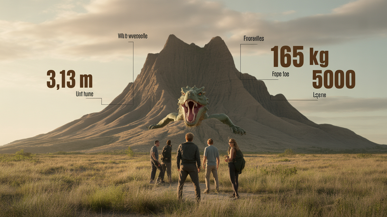 Dragon de Komodo massif sortant de la broussaille, voyageurs, chiffres clés