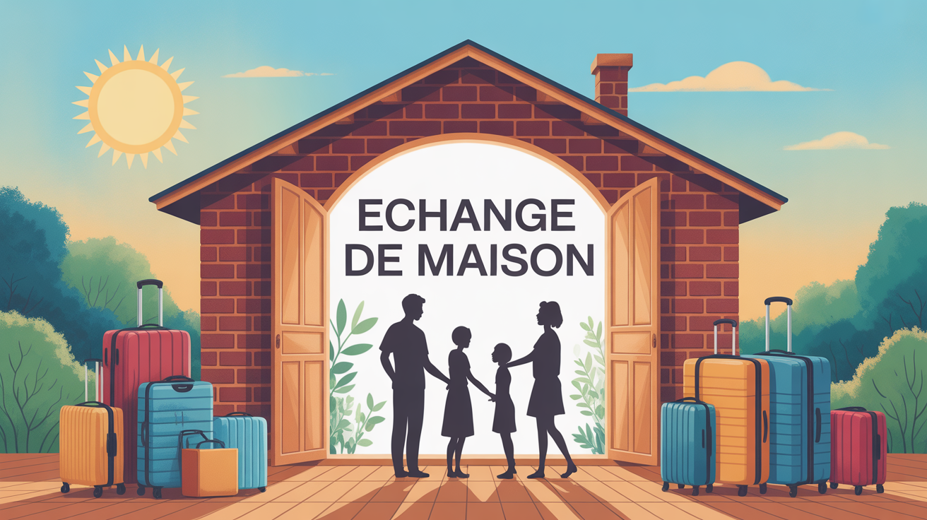 echange de maison illustration stylisee valise familles cles
