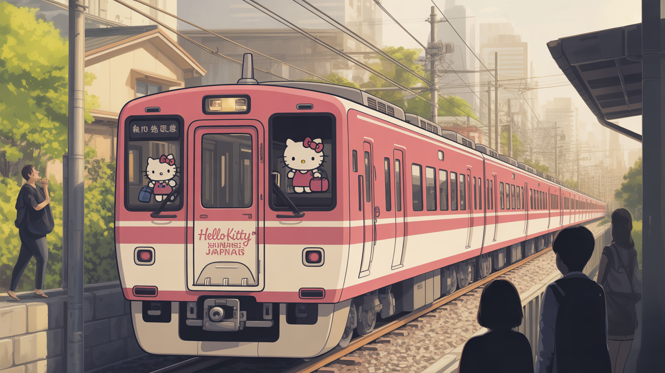 Hello Kitty Shinkansen Japon train rose blanc illustration kawaii