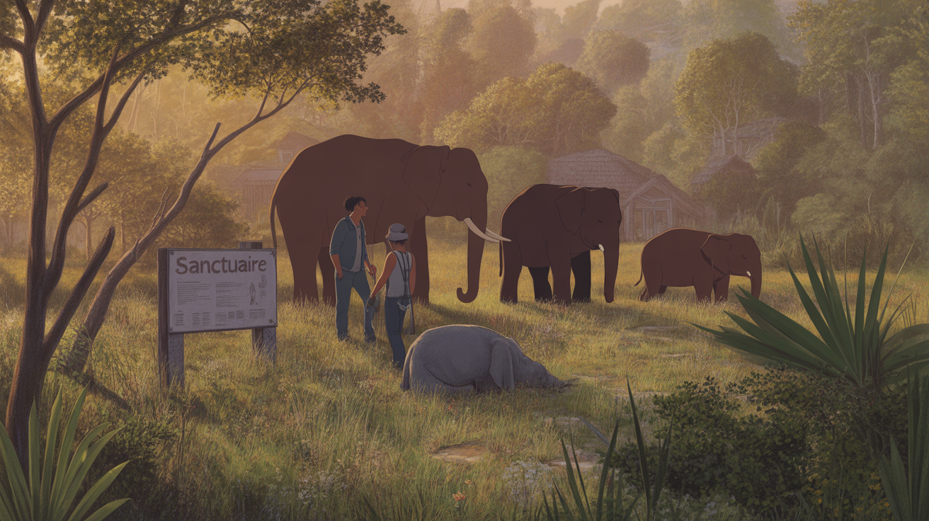 Scene stylisee de sanctuaire d'elephants a Bali parc naturel