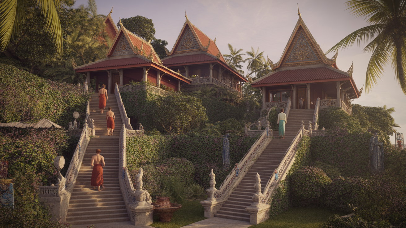 Vue 86 temples Besakih Bali visiteurs sarong escaliers