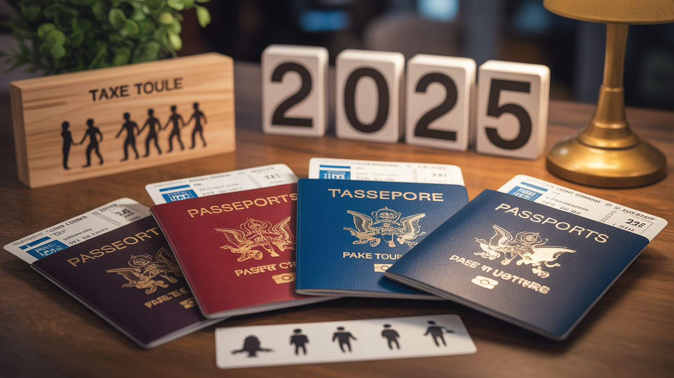 Tableau stylise passeports et tampons pour visa Bali 2025