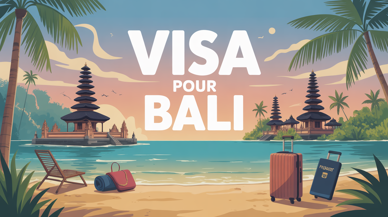 Paysage stylise Bali avec riziere plage temples et texte Visa pour Bali