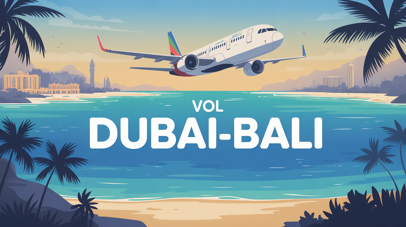 avion stylisé entre Dubai et Bali, ciel bleu, palmiers