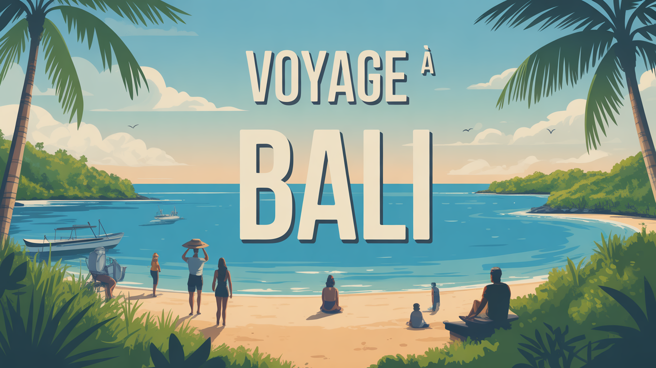 Vue stylisée de Bali entre plages et rizières sous un ciel clair