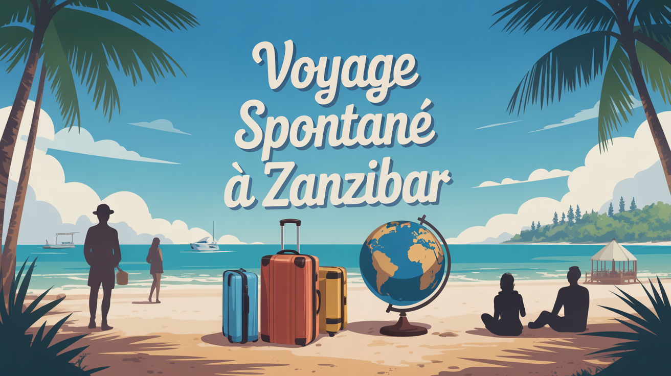 illustration voyage spontané à zanzibar plage valise globe