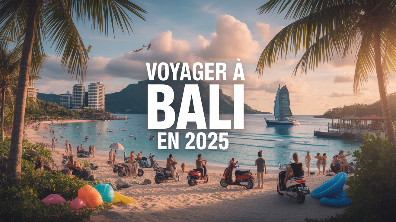 Illustration sur voyager a Bali en 2025 avec pollution, touristes et hotels