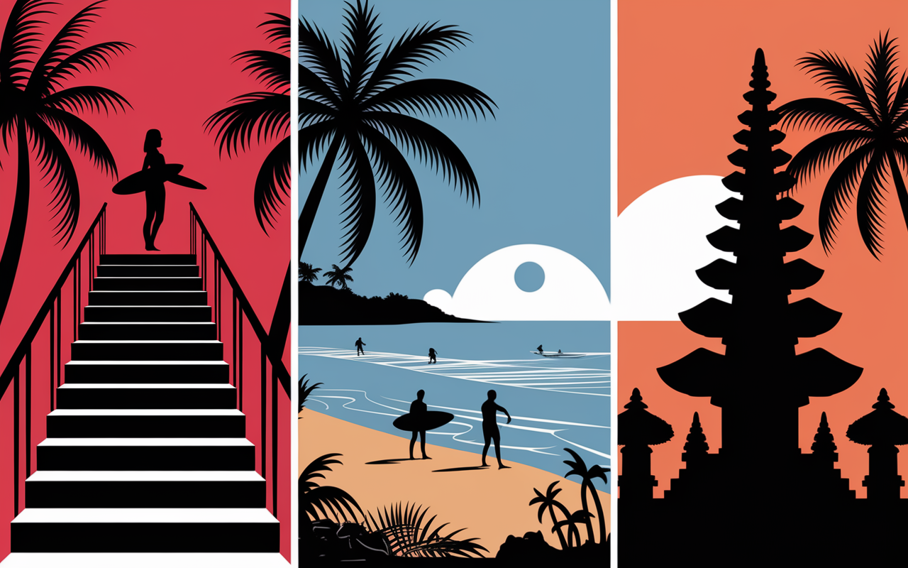 Illustration Bali guide activités temples plages rizières SEO