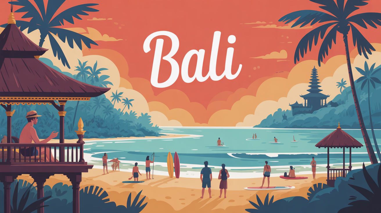 Vue stylisée Bali rizière plage temple illustration SEO