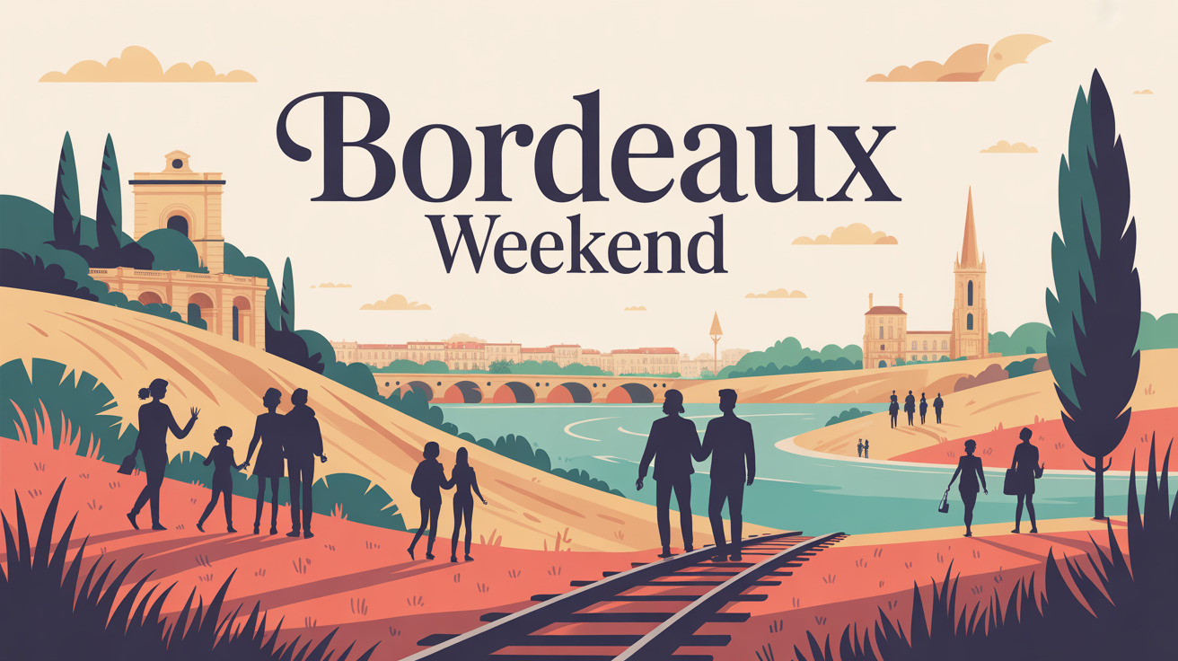 Paysage Bordeaux avec vignes dunes familles et texte Bordeaux Weekend