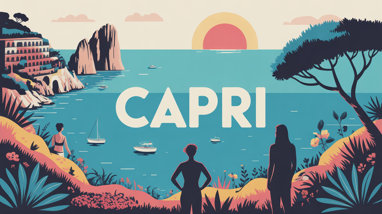 Illustration stylisee Capri vue mediterraneenne panorama