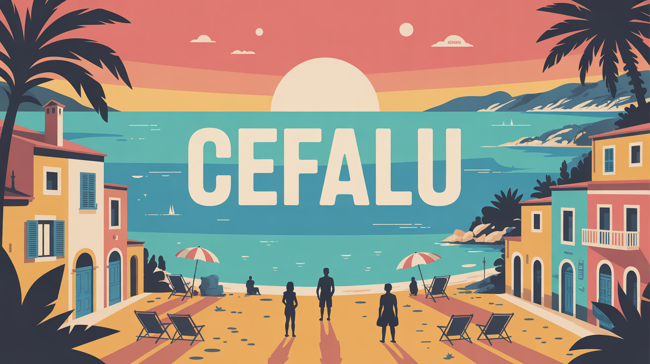 Illustration village Cefalu ruelles mer et plage