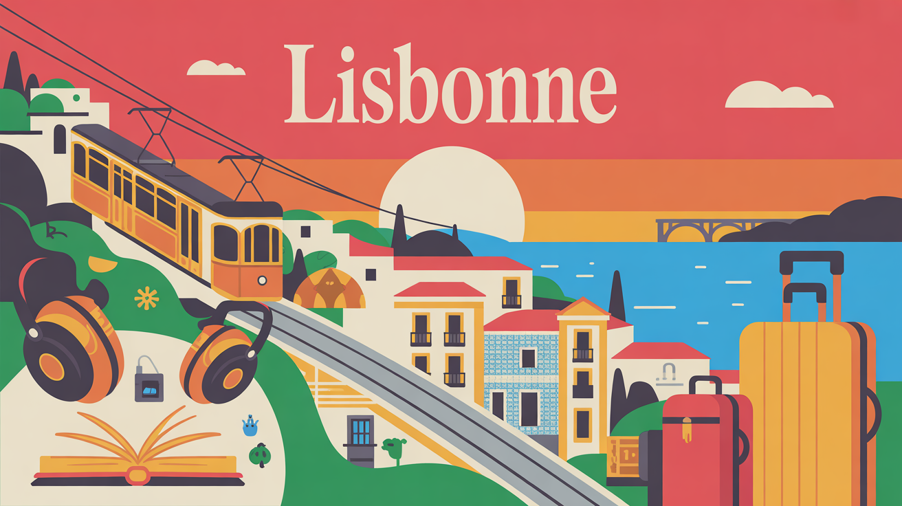 Illustration stylisée Lisbonne tram jaune et azulejos