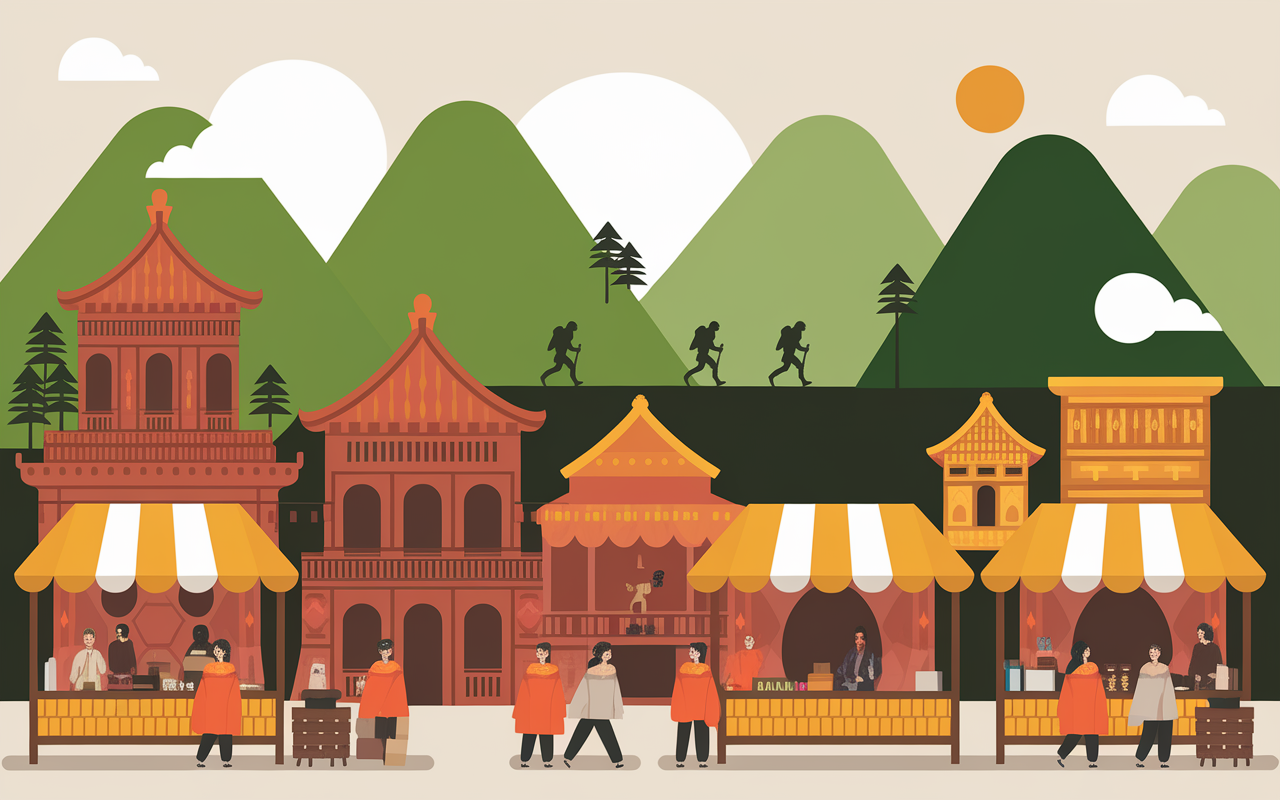 Scene stylisee Chiang Mai temples montagnes marche moines