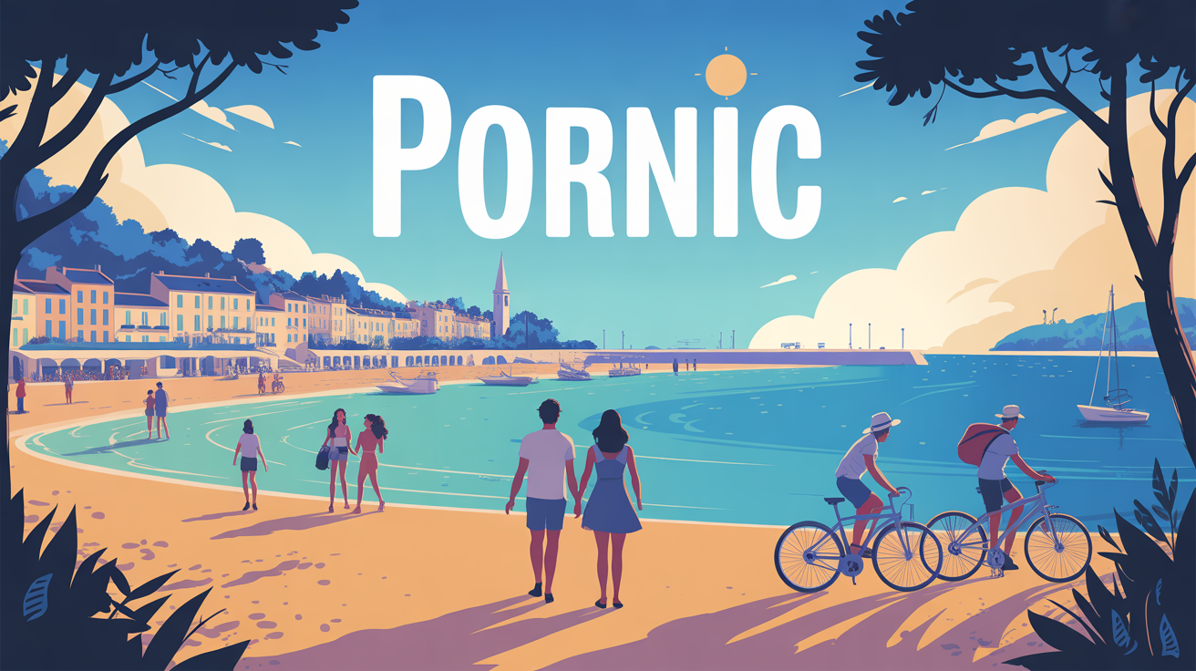 Illustration du port de Pornic animé, plages, rue, balades