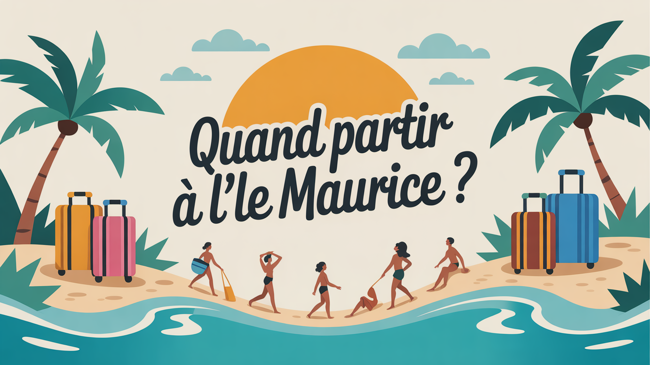 Illustration plage exotique île Maurice mer turquoise voyageurs