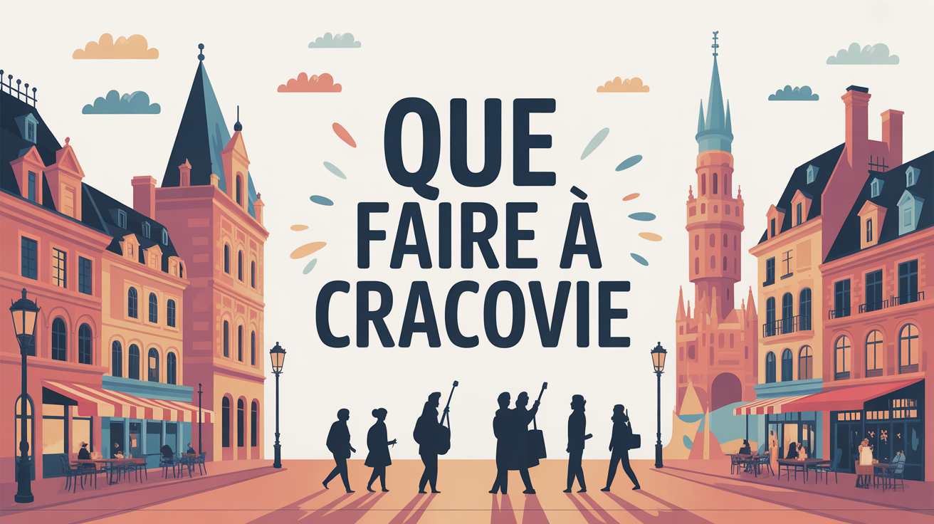 Illustration place centrale Cracovie avec voyageurs et monuments