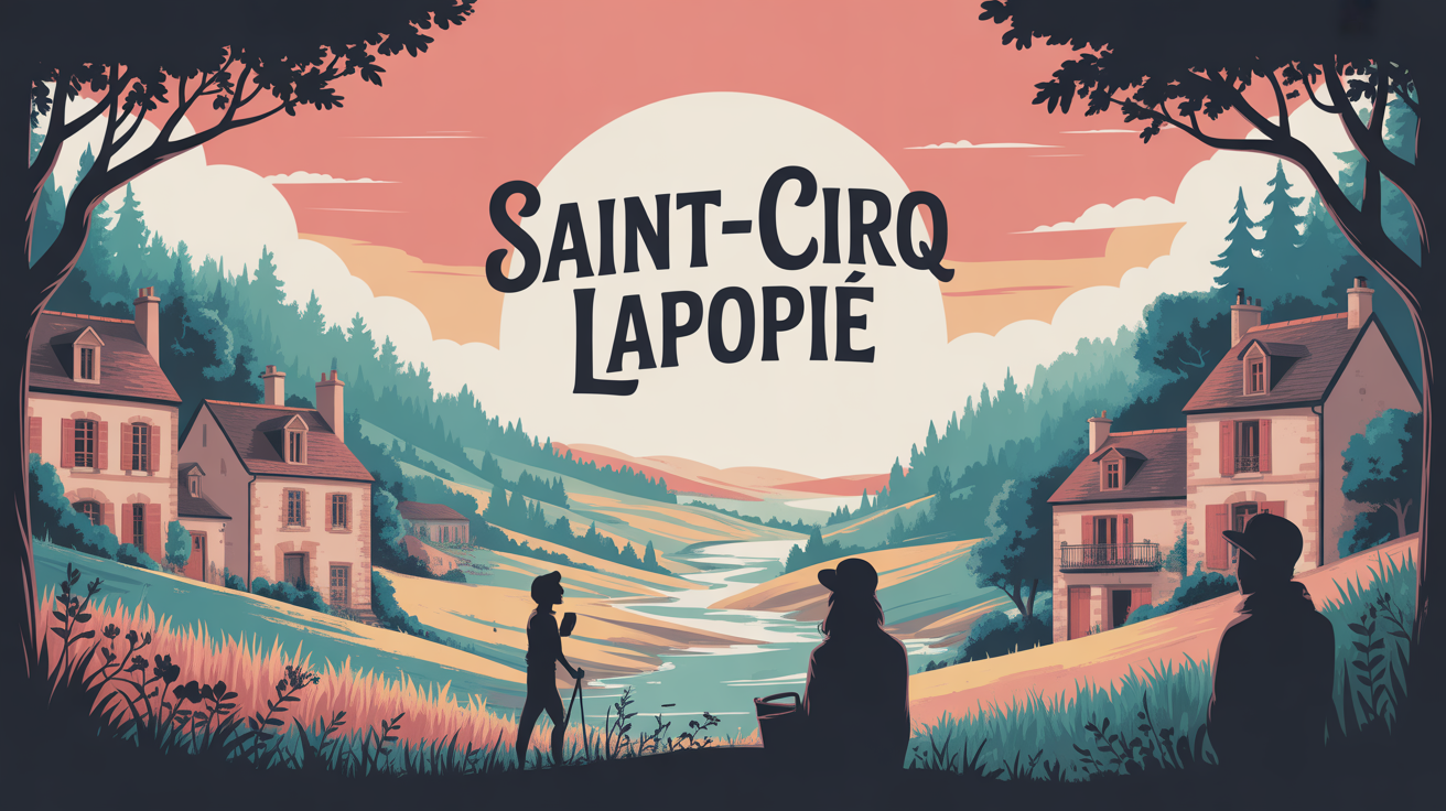 Illustration village perche Saint-Cirq-Lapopie panorama et voyageurs