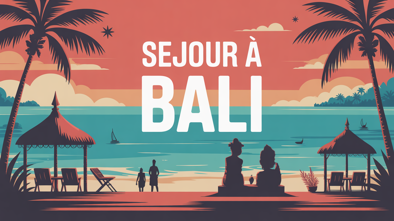Illustration plage exotique Bali riziere ocean maisons balinaises