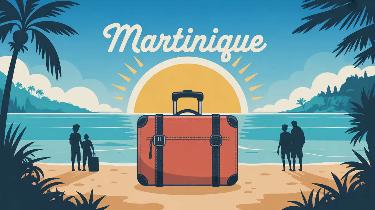 Valise sur plage Martinique mer turquoise soleil