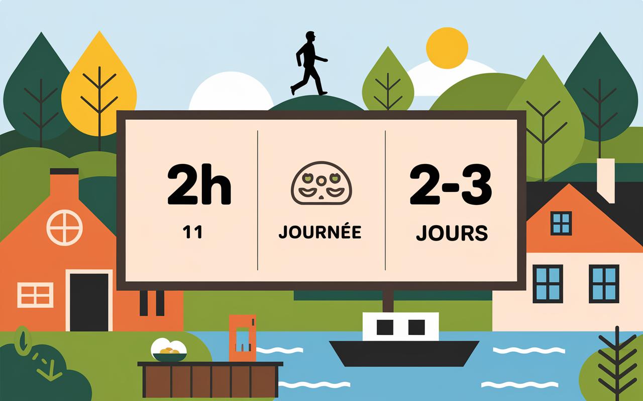 Tableau duree visite Saint-Cirq-Lapopie avec icones marche repas bateau