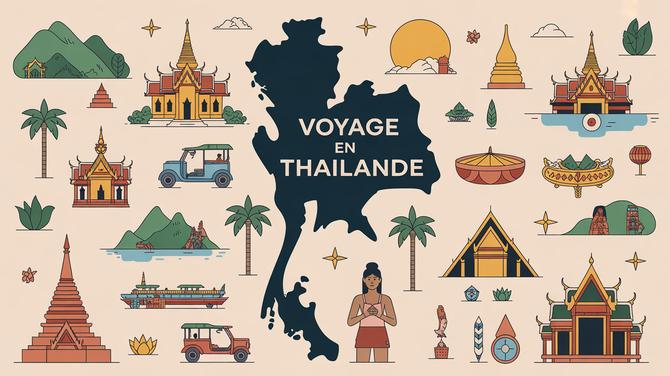 Carte stylisee Thailande avec icones temples plages montagnes