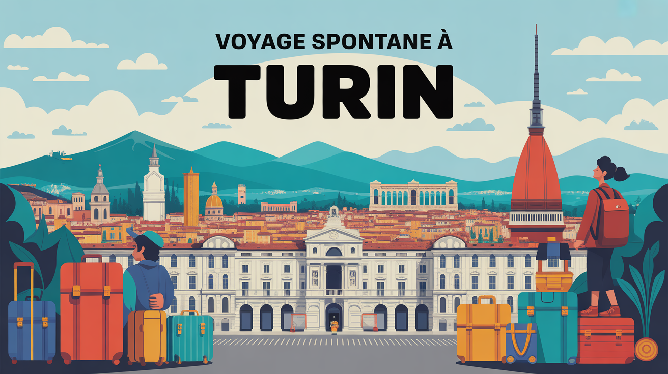 Vue panoramique stylisée de Turin avec monuments et montagnes