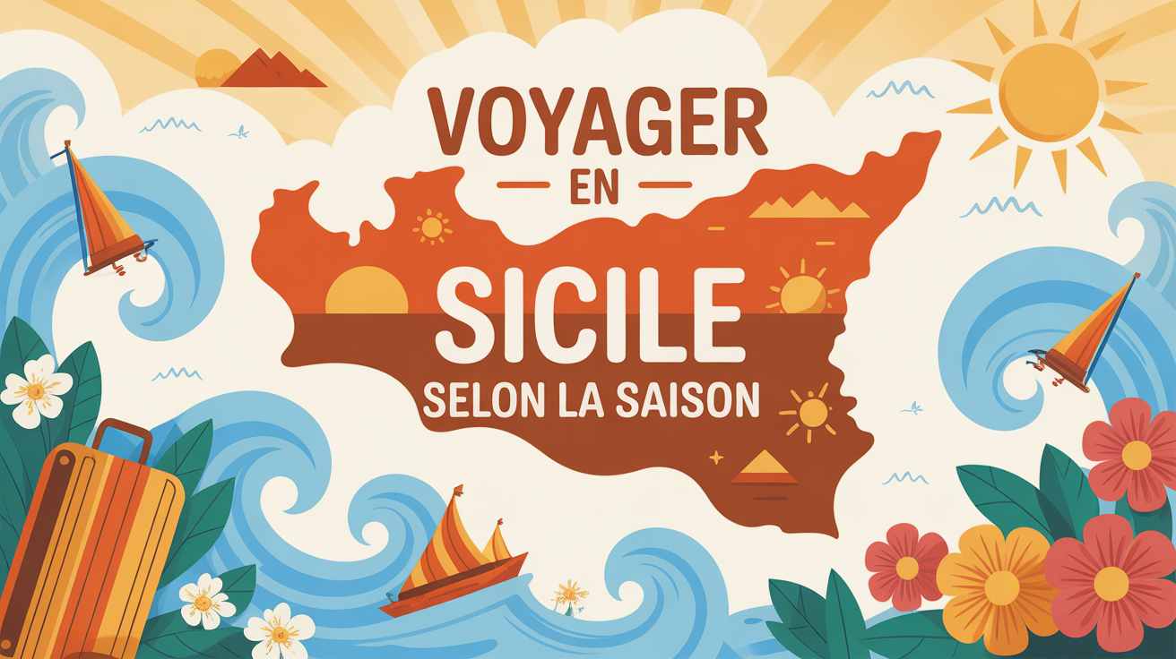 Carte Sicile avec valises, soleil et paysages pour voyage saison Sicile