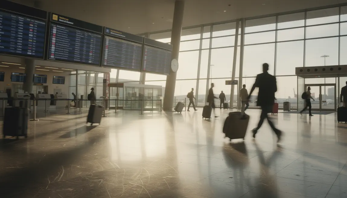Aéroport moderne avec voyageurs et tableau de vols bon marché