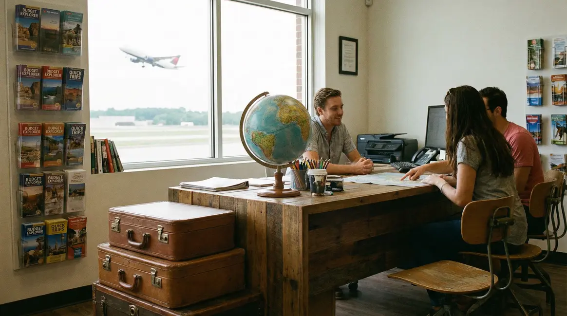 Agence voyage économique moderne déco globe valises avion