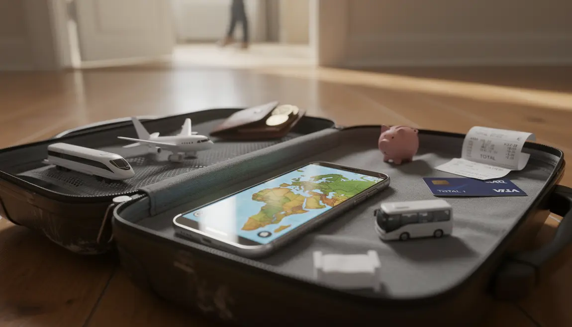 valise ouverte smartphone carte monde icones voyage pas cher